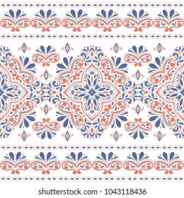 Blue and orange ornamental seamless pattern. Vintage, paisley elements. Ornament. Traditional, Ethnic, Turkish, Indian motifs. Great for fabric and textile, wallpaper, packaging or any desired idea. 