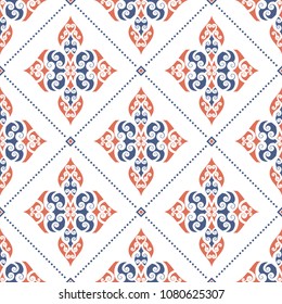 Blue and orange ornamental seamless pattern. Vintage, paisley elements. Ornament. Traditional, Ethnic, Turkish, Indian motifs. Great for fabric and textile, wallpaper, packaging or any desired idea. 