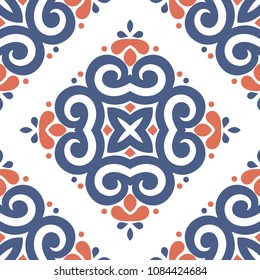 Blue and orange ornamental seamless pattern. Vintage, paisley elements. Ornament. Traditional, Ethnic, Turkish, Indian motifs. Great for fabric and textile, wallpaper, packaging or any desired idea. 