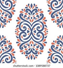 Blue and orange ornamental seamless pattern. Vintage, paisley elements. Ornament. Traditional, Ethnic, Turkish, Indian motifs. Great for fabric and textile, wallpaper, packaging or any desired idea. 