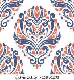 Blue and orange ornamental seamless pattern. Vintage, paisley elements. Ornament. Traditional, Ethnic, Turkish, Indian motifs. Great for fabric and textile, wallpaper, packaging or any desired idea. 