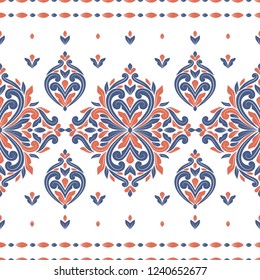 Blue and orange ornamental seamless pattern. Vintage vector, paisley elements. Ornament. Traditional, Turkish, Indian motifs. Great for fabric and textile, wallpaper, packaging or any desired idea.
