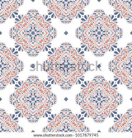 Blue and orange ornamental seamless pattern. Vintage, paisley elements. Ornament. Traditional, Ethnic, Turkish, Indian motifs. Great for fabric and textile, wallpaper, packaging or any desired idea