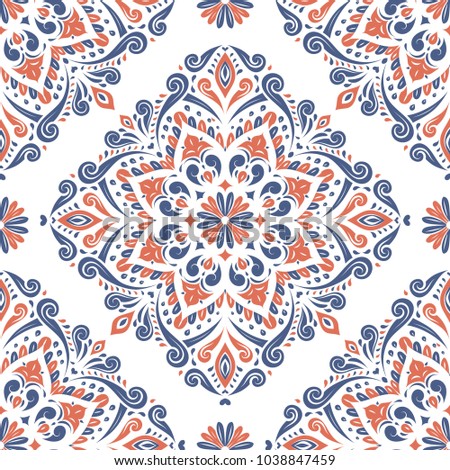 Blue and orange ornamental seamless pattern. Vintage, paisley elements. Ornament. Traditional, Ethnic, Turkish, Indian motifs. Great for fabric and textile, wallpaper, packaging or any desired idea. 