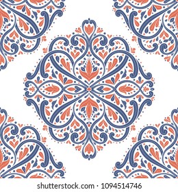 Blue and orange ornamental vector seamless pattern. Vintage, paisley elements. Ornament. Traditional,Turkish, Indian motifs. Great for fabric and textile, wallpaper, packaging or any desired idea. 