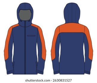 Blue and orange outdoor jacket mockup front and back view