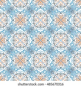 Blue with orange pattern on a white background. Repetitive square mosaic tiles. Vector illustration.