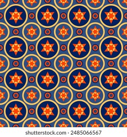 A blue and orange pattern of stars and circles for background, fabric, textile, fashion, wallpaper, wedding, banner, sticker, decoration etc.