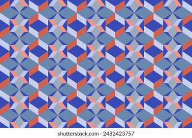 A blue and orange patterned design with squares and triangles for background, fabric, textile, fashion, wallpaper, wedding, banner, sticker, decoration etc.