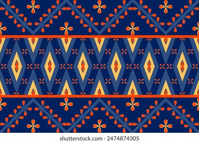 A blue and orange patterned fabric with a floral design. The pattern is made up of squares and diamonds. abstract and vintage graphics for fabric, textile, apparel. Vector designs for wrapping pepper.