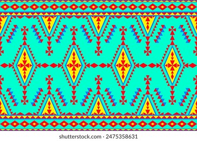 A blue and orange patterned fabric with triangles and squares. The pattern is very intricate and colorful abstract and vintage graphics for fabric, textile, apparel. Vector designs for wrapping pepper