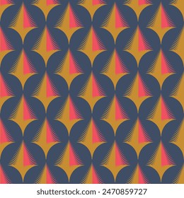 Ein Stoff mit blauem und orangefarbenem Muster sowie einem gelben und rosa Muster. Das Muster besteht aus Dreiecken und die Farben sind hell und fett. Das Design vermittelt ein Gefühl von Energie und Spannung