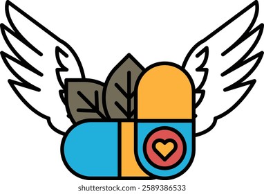 A blue and orange pill with a heart on it and wings above it. The pill is a symbol of healing and the wings represent freedom and hope