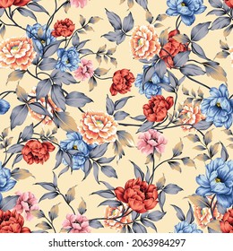 Blue Orange Pink And Cream Vector Flowers With Grey Leaves Pattern On Yellow Background