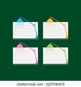 blue, orange, pink and green table lamp symbol and note paper. note papers and colorful table lamps on green background