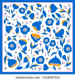 Blue, orange, pink ornate pattern on white background. Ready for print.