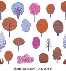 Blue, orange, pink trees in seamless pattern for textile wrapping and paper for kids product