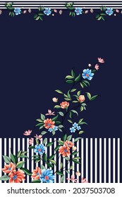 blue orange and pink vector flowers with green leaves border body pattern on stripe navy background