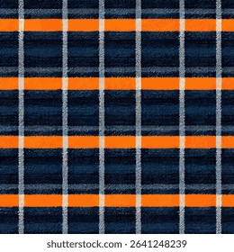 ์์ืืNavy blue and orange plaid pattern with a white border on the edges, grunge lines ikat pattern, striped seamless pattern, Vector illustration background for print the paper.