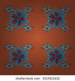 Blue, orange and red colors vector seamless pattern with many flowers.