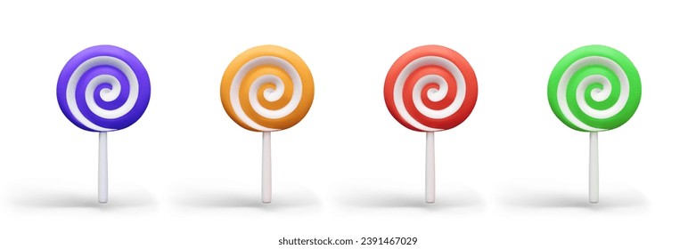 Blue, orange, red, green spiral candy. Round flat lollipop on stick. Bright festive sweets. Symbol of fun, entertainment. Hard caramel 3D striped candy