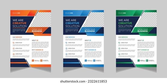 Blue, orange, red, and yellow colors are used in this corporate business flyer template design set. marketing, business plan, advertising, publicity, and cover page. a fresh set of flyers for