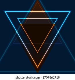 Blue and orange retro neon laser triangles abstract background. Glowing vector design