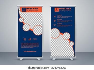 Blue and Orange roll up business brochure flyer banner design vertical template vector, cover presentation abstract geometric background, modern publication x-banner and flag-banner, carpet design