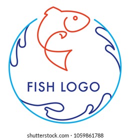 Blue orange round logo icon vector design with salmon fish and waves isolated on white background. Seafood restaurant idea.