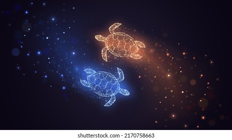 Blue and orange sea turtles made of glowing sparks and particles, yin yang opposites concept