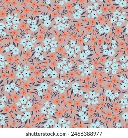 blue and orange seamless floral vector small flowers leaves pattern on background