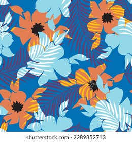flores sin soldadura azules y anaranjadas con un patrón de hojas en el fondo
