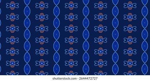 Blue and orange seamless geometric pattern on deep blue background. Bold and modern symmetry perfect for digital backgrounds, textiles, and stylish wallpaper designs.