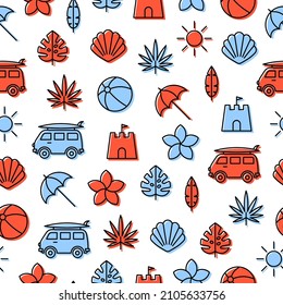Blue and orange seamless pattern with beach elements.