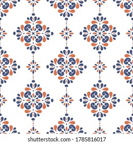 Blue and orange seamless pattern with decorative flowers. Vintage, paisley elements. Traditional, Turkish motifs. Great for fabric and textile, wallpaper, packaging or any desired idea.
