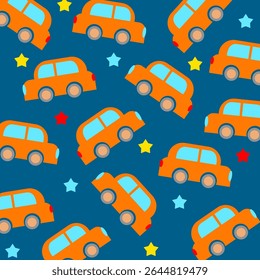 blue and orange seamless pattern illustration cartoon of cute car for kids apparel. This design is suitable for children's clothing textile industry