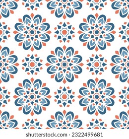 Blue and orange seamless pattern with mandala ornament. Traditional Arabic, Indian motifs. Great for fabric and textile, wallpaper, packaging or any desired idea.