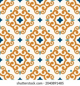 Patrón transparente azul y naranja. Ornamento, Tradicional, Étnico, Árabe, Turco, Indio. Ideal para tejidos y textiles, papel pintado, embalaje o cualquier idea deseada. 