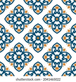 Nahtlose Muster in Blau und Orange. Ornament, Traditionelle, ethnische, arabische, türkische, indische Motive. Ideal für Gewebe und Textilien, Tapeten, Verpackungen oder jede erwünschte Idee. 