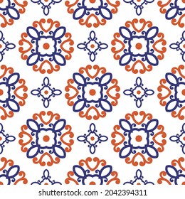 Blue and orange seamless pattern. Ornament, Traditional, Ethnic, Arabic, Turkish, Indian motifs. Great for fabric and textile, wallpaper, packaging or any desired idea. 