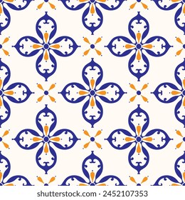 Blue and orange seamless pattern. Ornament, Traditional, Ethnic, Arabic, Turkish, Indian motifs. Great for fabric and textile, wallpaper, packaging or any desired idea.