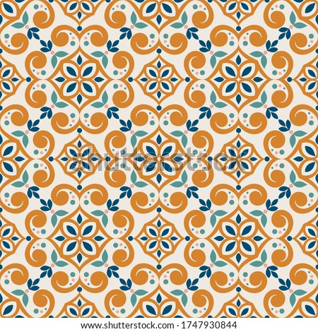 Blue and orange seamless pattern. Ornament, Traditional, Ethnic, Arabic, Turkish, Indian motifs. Great for fabric and textile, wallpaper, packaging or any desired idea. 