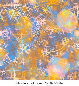 Blue and orange seamless texture from blots, circle lines. Abstract vector background for web page, banners backdrop, fabric, home decor, wrapping