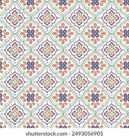 Blue and orange seamless tile mosaic pattern. Ornament, Traditional, Ethnic, Arabic, Turkish, Indian motifs. Great for fabric and textile, wallpaper, 