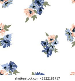 blue and orange seamless vector texture flowers leaves bunches pattern of white