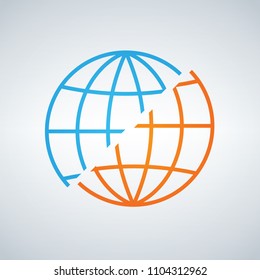 Blue and orange shifted or devided world globe icon. war or peace concept. separation. Vector illustration isolated on modern background.