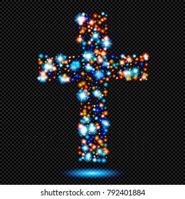 Blue and Orange Shine Symbol of Christian Cross with Sparks on Transparent Background - Vector Radiant Cross