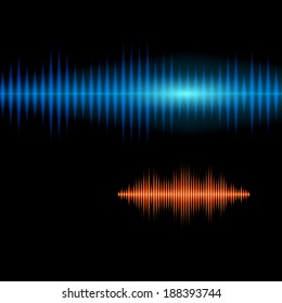 Blue and orange shiny sound waveform background with sharp peaks