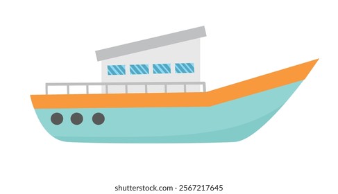 Blue orange ship illustration. Sailboat. Fishing boat. Boat. Vessel. Warship. Freighter. Steamship. Liner. Keel. Yacht. 