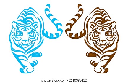 Blue And Orange Silhouette Of A Tiger. New Year Logo Symbol, Water Tiger With Plastic Effect. Tiger Silhouette Vector Illustration
